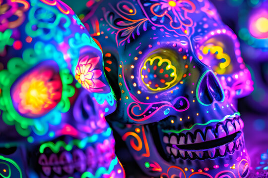 Vibrant nighttime D&iacute;a de Muertos decorations with traditional elements
