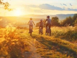 Fototapeta premium Scenic countryside bike ride at sunset in the golden hour with three riders enjoying nature beauty
