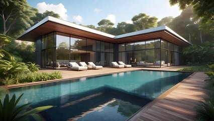 Fototapeta premium A modern villa set against a backdrop of lush greenery and a crystal clear pool.photorealistic home exterior design 