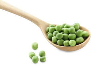 Spoon with fresh green peas isolated on white