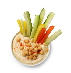 Tasty homemade hummus with chickpeas and different vegetables isolated on white, top view