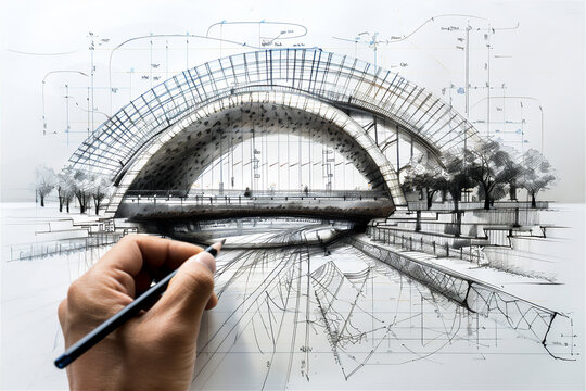 Architect drawing a blueprint sketch of bridge on white  paper