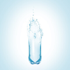Splashing water continuing shape of bottle on light blue background