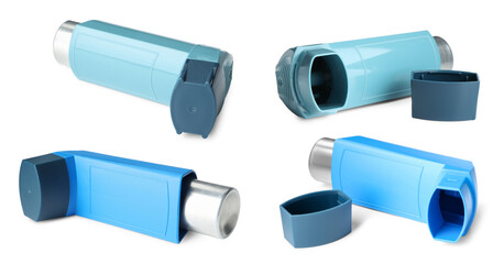 Inhalers isolated on white, collage. Asthma treatment