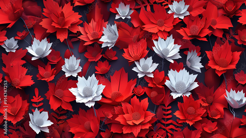 Wall mural 3d abstract red pattern with leaves texture background