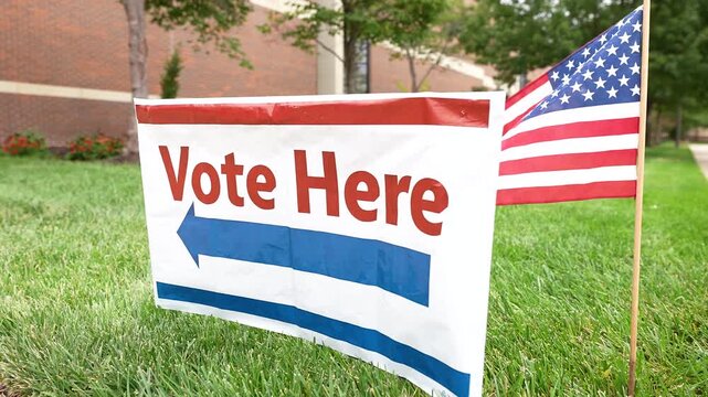 a vote here sign with an American flag fluttering in the wind behind the sign at a precinct ballot location