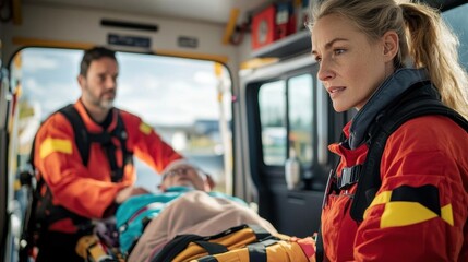 A dedicated paramedic assisting a patient on a stretcher in an ambulance, communicating calmly and efficiently with their partner to provide urgent care on the way to the hospital