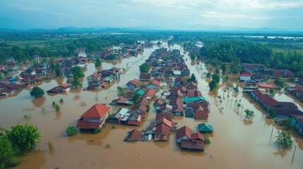 Aerial view of a submerged town with only rooftops visible above floodwaters, dramatic and sobering, impact of natural disasters, community resilience