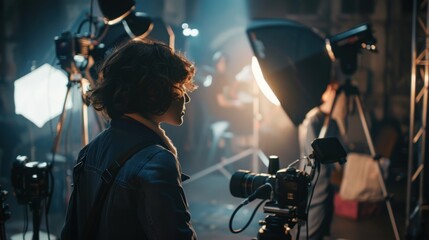 Young cameraman on a film set.