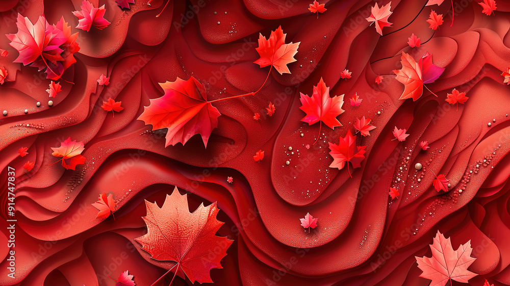 Wall mural 3d abstract red pattern with leaves texture background