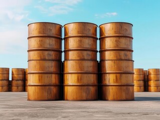 Empty oil barrels stacked in a storage yard, Economy, Reduced demand