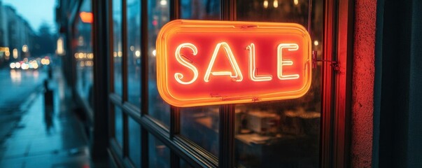 Vibrant neon SALE sign glowing in storefront window, reflecting city street, dynamic urban vibe, SALE sign, eyecatching retail attraction