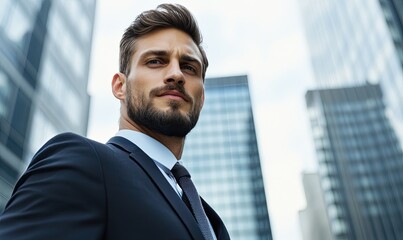 Fototapeta premium Elegant Young Man in Expensive Suit Against Blurry Skyscraper Background