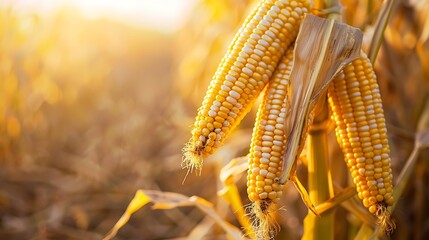 A close-up of ripe corn cobs hanging on the stalks in a field, ready for harvest, with the background slightly blurred to focus on the crops. 8k UHD, suitable for high-quality printing or digital 