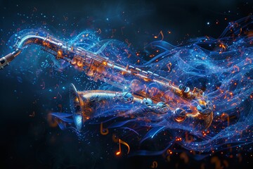 Saxophone emitting musical notes and symbols on dark background, artistic composition