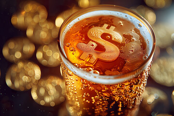 Glass of beer on a wooden table. The beer foam forms a dollar sign.