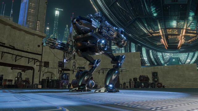 A futuristic combat robot in the future.