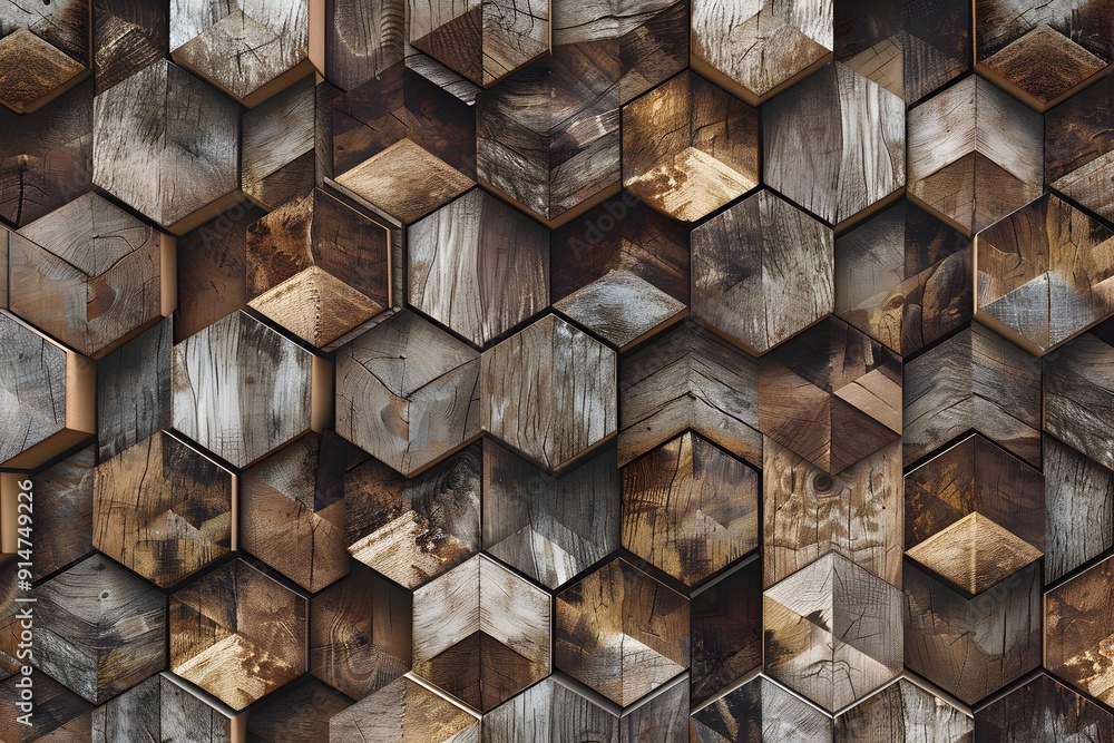 Poster a seamless pattern of wooden blocks arranged in an intricate geometric arrangement, creating a visua