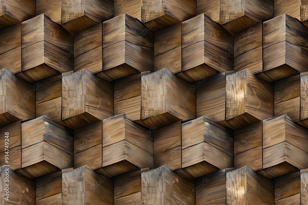 Poster a seamless pattern of wooden blocks arranged in an intricate geometric arrangement, creating a visua
