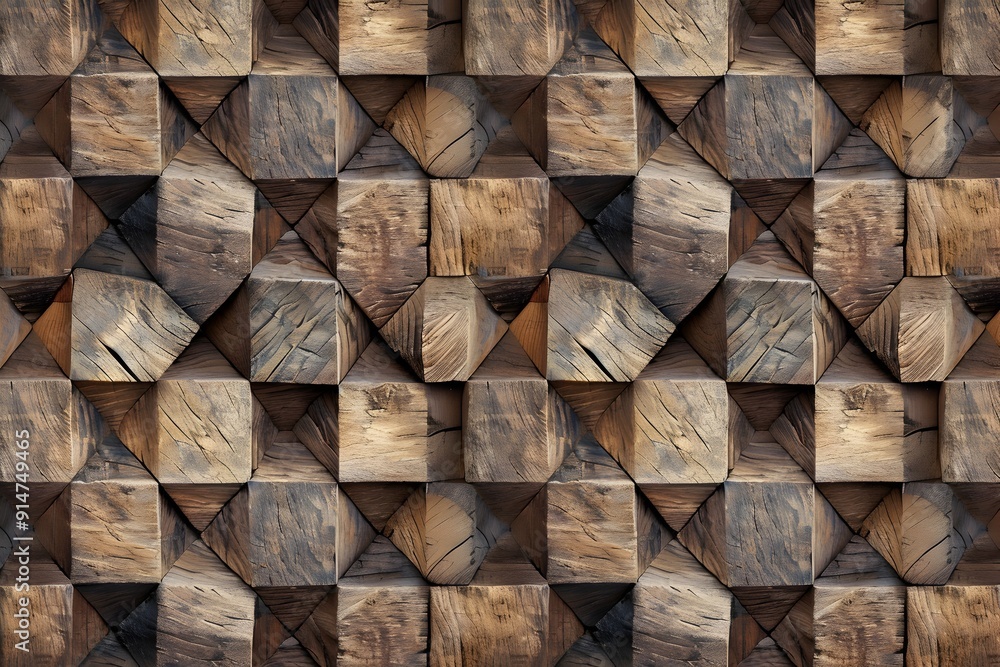 Poster a seamless pattern of wooden blocks arranged in an intricate geometric arrangement, creating a visua
