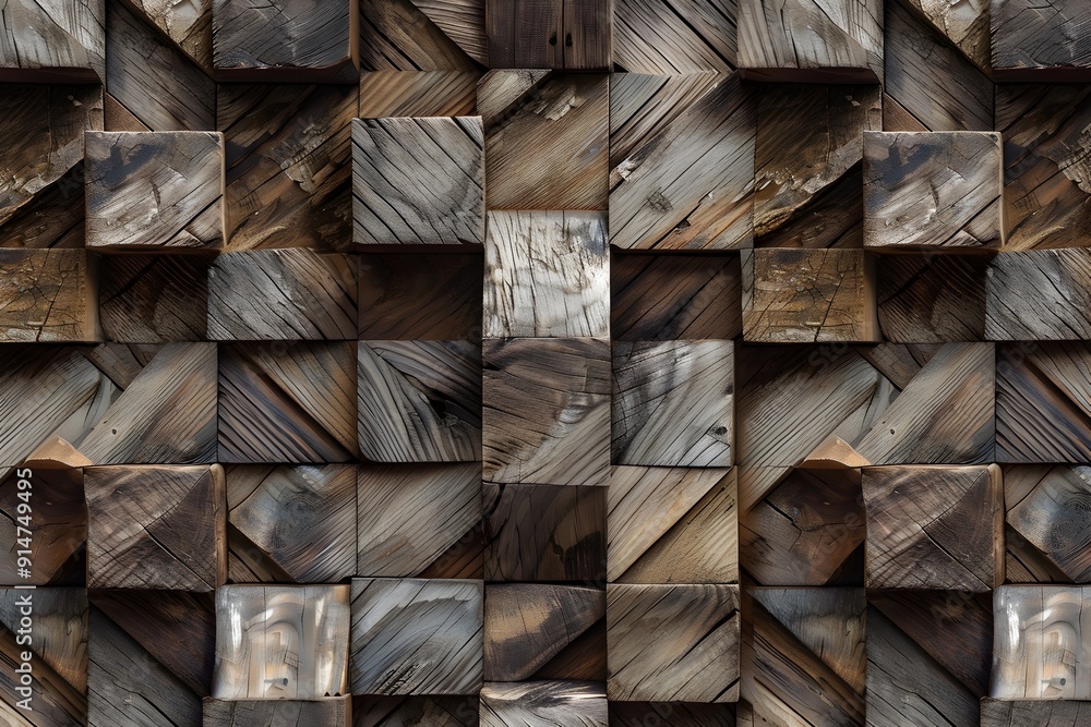 Poster a seamless pattern of wooden blocks arranged in an intricate geometric arrangement, creating a visua