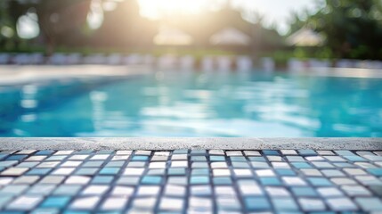 Obraz premium White ceramic mosaic table with blurred swimming pool backdrop for product display in summer resort.