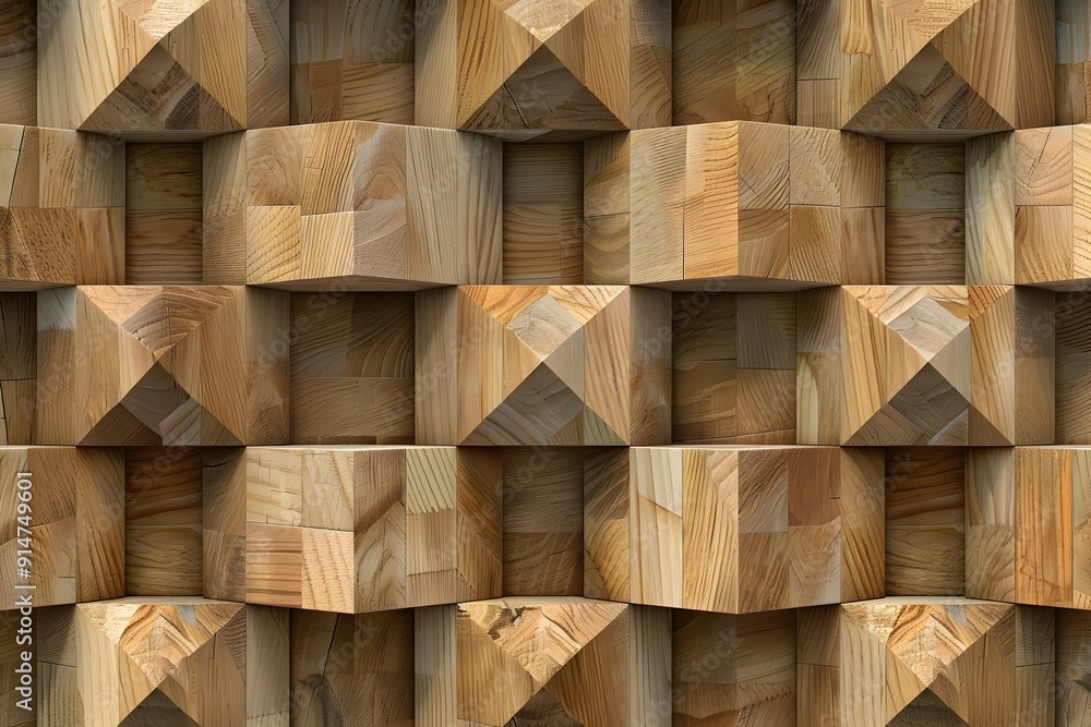 Poster a seamless pattern of wooden blocks arranged in an intricate geometric arrangement, creating a visua