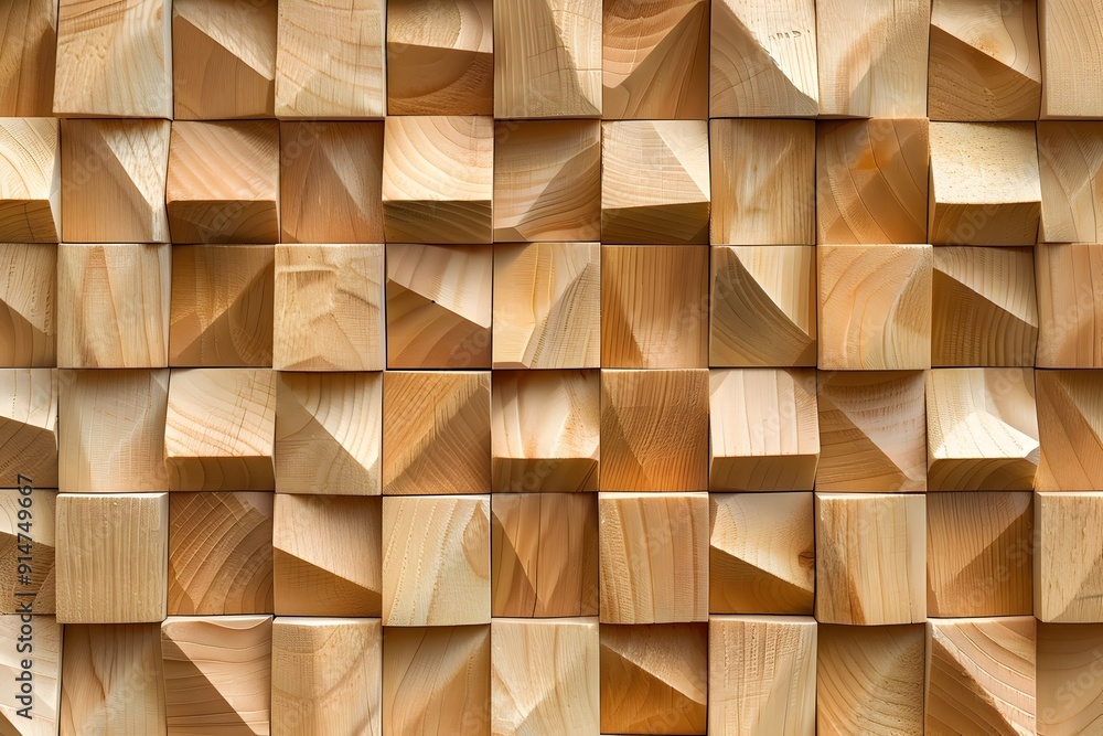 Poster a seamless pattern of wooden blocks arranged in an intricate geometric arrangement, creating a visua