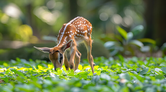 Close-up of wild spotted goat eating grass in Yala National Park