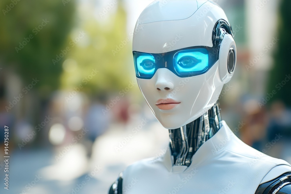 Aufkleber portrait of a humanoid robot with sleek white and blue design symbolizing the advanced ai technology