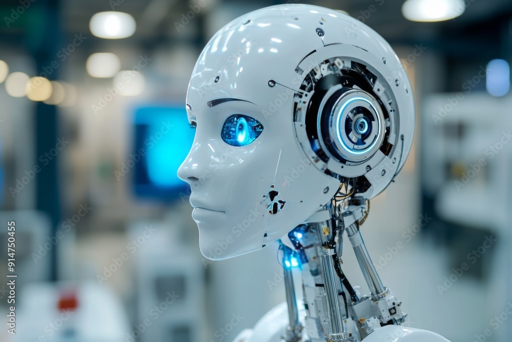 Aufkleber portrait of a humanoid robot with sleek white and blue design symbolizing the advanced ai technology