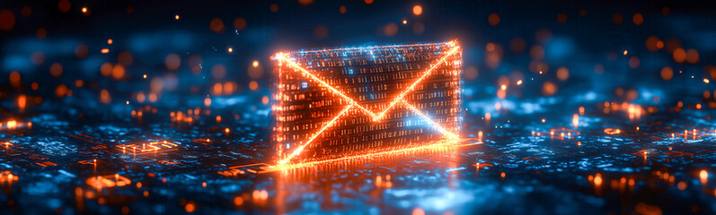 A glowing digital envelope in vibrant orange, representing electronic mail, set against a futuristic backdrop of binary code and luminous lights.
