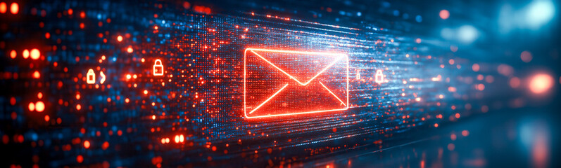 A glowing red digital envelope with padlock icons, symbolizing secure electronic mail, set against a dynamic background of digital code and luminous lights.