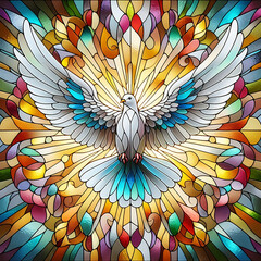 Obraz premium Stained Glass and Colourful Winged Dove. Illustration and representation of the New Testament Holy Spirit