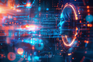 Obraz premium Futuristic humanoid head brain glowing with digital data and wireframe in server room. Artificial intelligence, people and technology concept. 