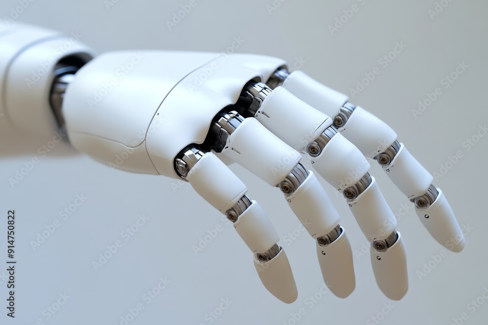 Poster close up of a futuristic robotic hand with sleek white and black design symbolizing the precision an