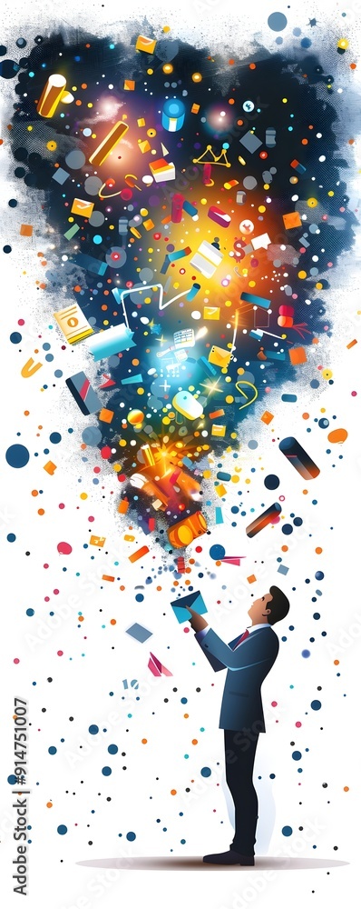 Poster businessman holding a tablet with exploding data and ideas.