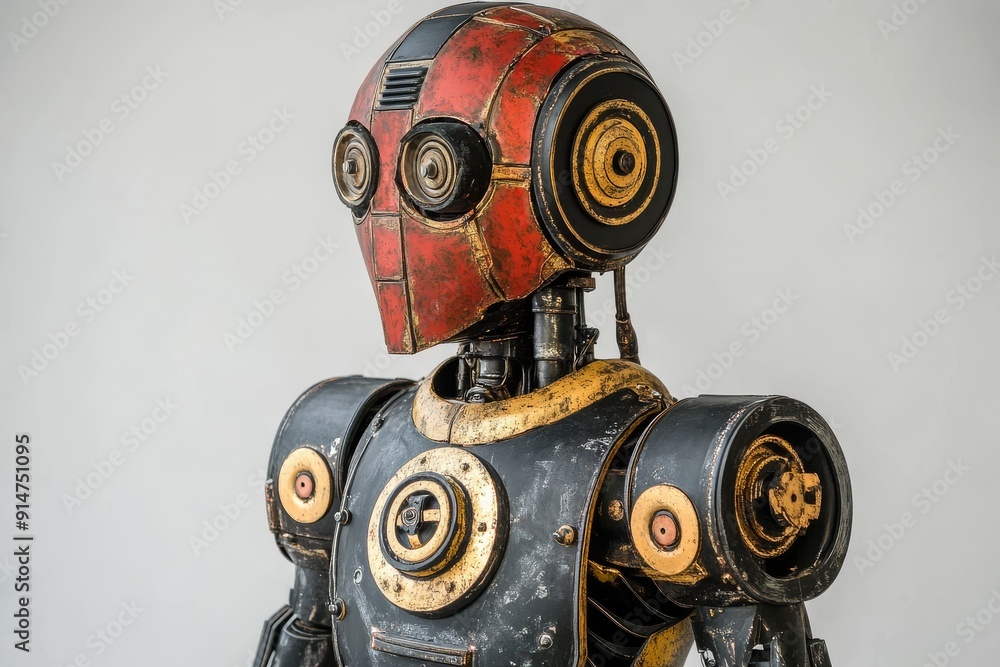 Poster vintage robotic head sculpture with rustic gears displayed in a bright airy setting with soft backgr