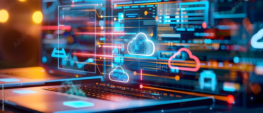 Poster Cloud Computing and Data Network on Laptop Screen.