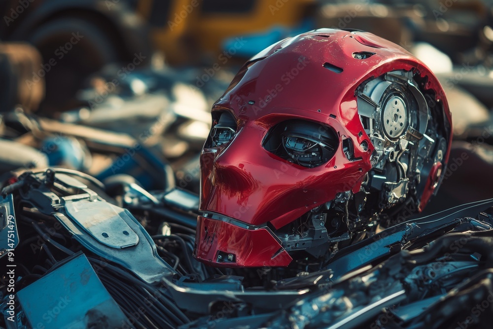 Poster red robot helmet with intricate wiring and blue light details depicting advanced robotics and ai