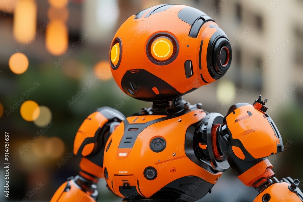 Poster orange robot in dynamic pose on urban street showcasing agility and futuristic design in robotics