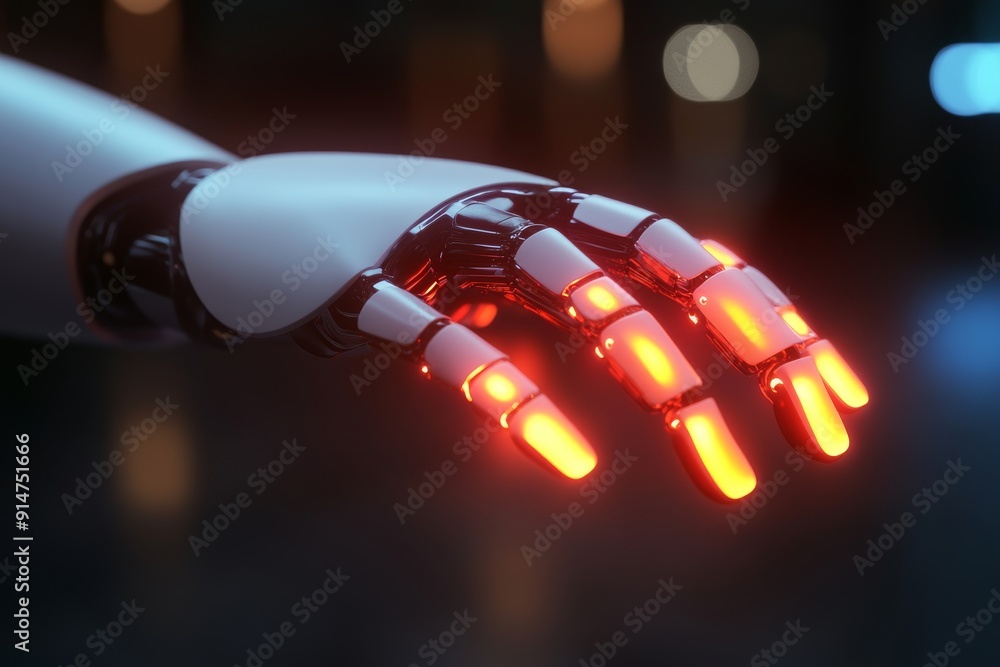 Poster robot hand reaching out with glowing red fingers symbolizing connection and technological advancemen