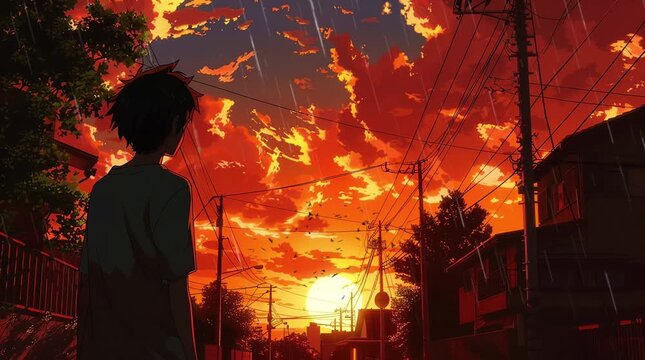 Anime boy standing alone in a sunset town, capturing a quiet and reflective moment with warm, golden light
  Seamless looping 4k time-lapse virtual video animation Generated AI
