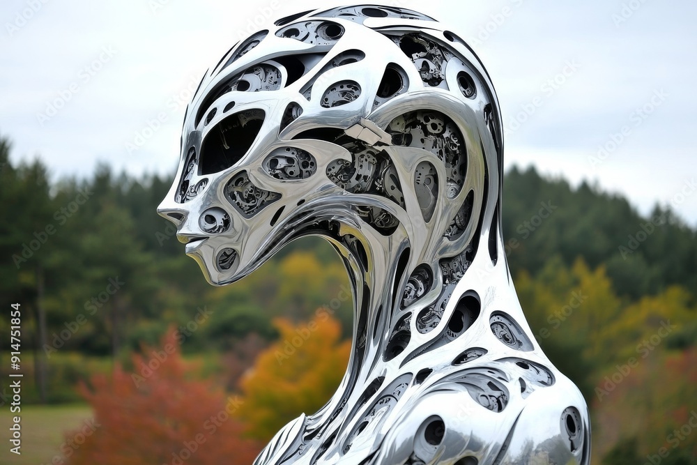 Aufkleber silver robotic head with intricate design and thoughtful expression set in natural environment