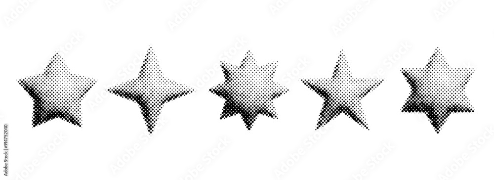 Poster Halftone grain star set. Dotted 3d star shape collection. Y2K bitmap gradient elements bundle. Pixel comic burst and sparkle elements for graphic design, poster, banner. Vector pack