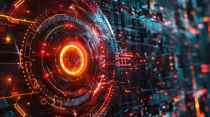 Obraz premium Futuristic Tech Hub: Glowing Red and Orange Circuitry