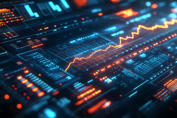 Fototapeta premium Digital hologram of an inverted yield curve on a futuristic financial dashboard, glowing lines and data points, blue neon highlights, 3D rendering.