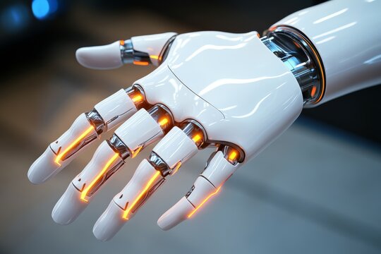Robot hand extending towards viewer with a gesture of invitation or offering set against a blurred background