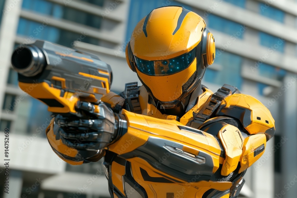 Sticker Yellow armored robot aiming a futuristic weapon in an urban battlefield setting symbolizing advanced combat technology