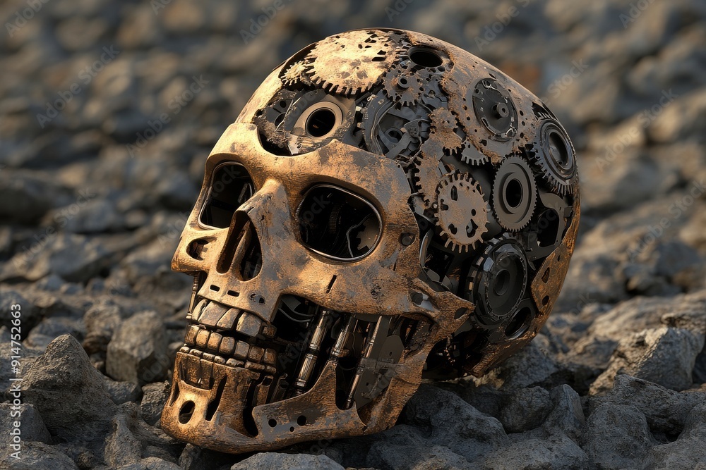 Poster mechanical skull with intricate gears and cogs artistically designed and set on a rugged stone backg
